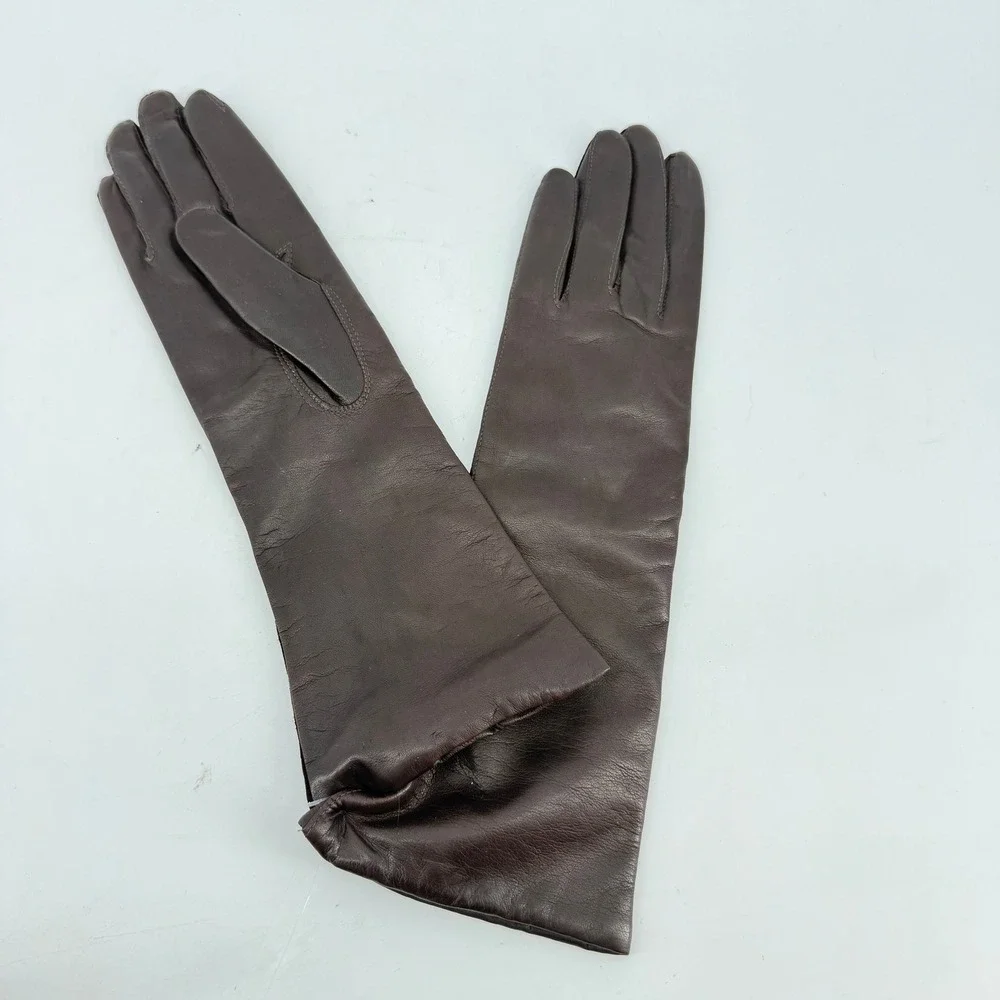 Leather Lined Gloves Women 6.5 Brown Long Cuff Made in Italy Vintage